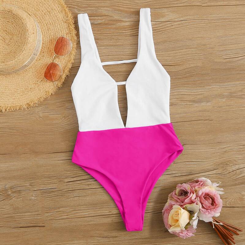 

Two Tone Plunging One Piece Swimsuit, Multicolor