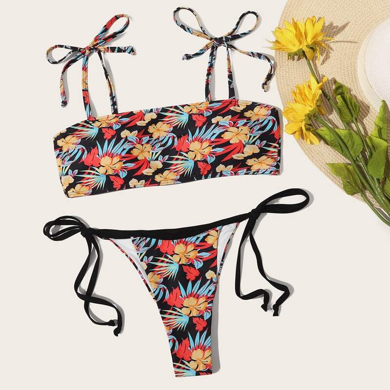 

Floral Tie Side Bikini Swimsuit, Multicolor