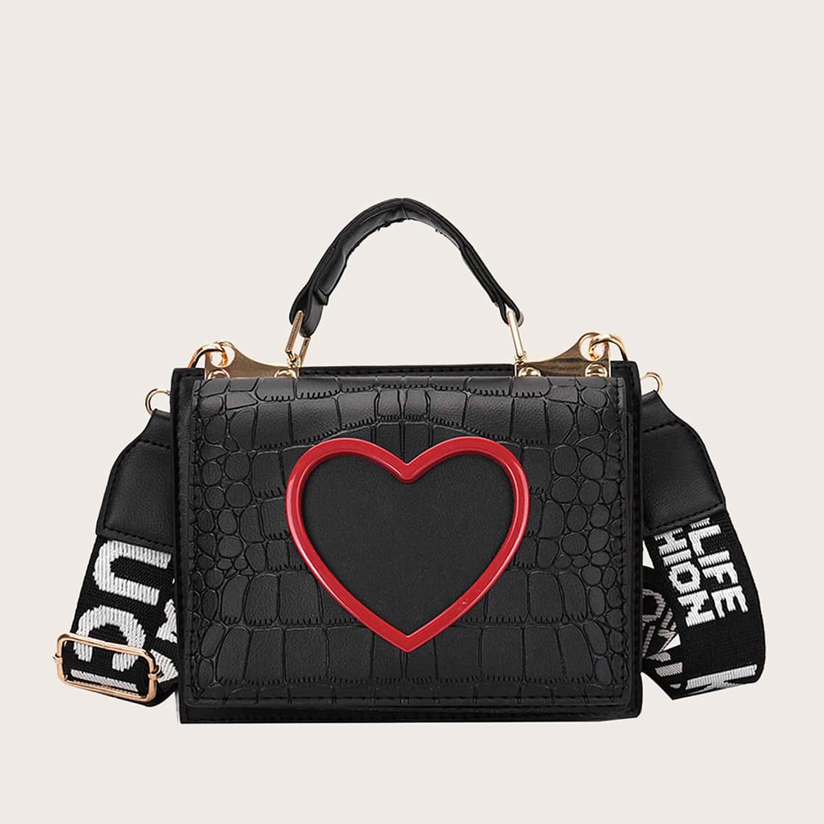 

Heart Graphic Croc Embossed Satchel Bag, Black