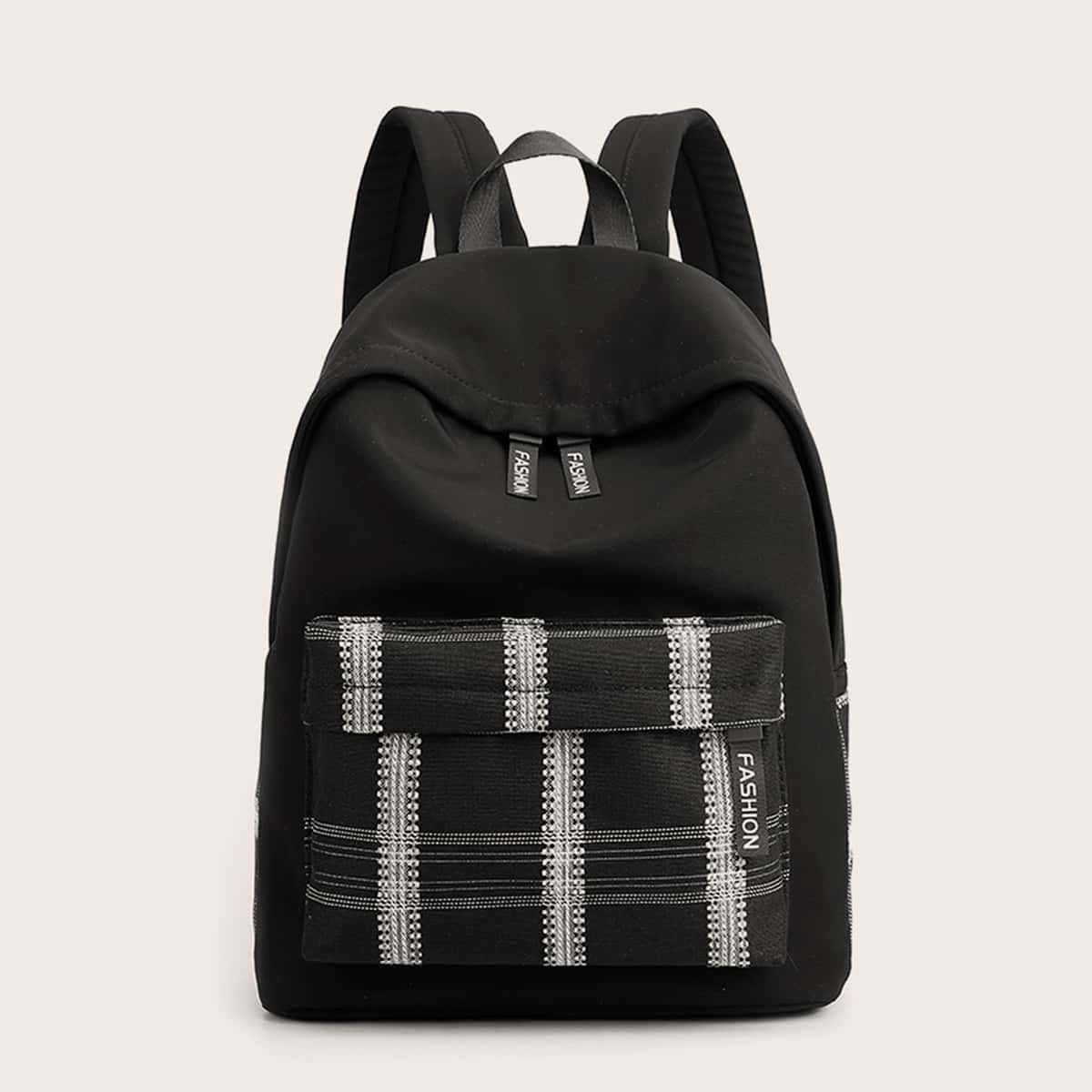 

Plaid Pocket Front Backpack, Black