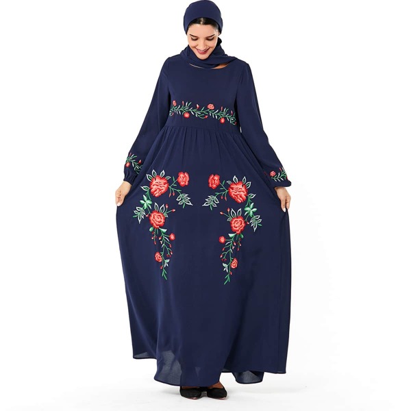 

Floral Embroidery Bishop Sleeve Dress Without Headscarf, Navy blue