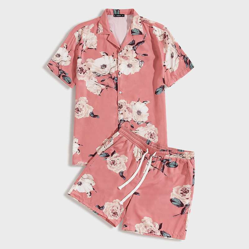 

Guys Notched Collar Floral Print Shirt & Shorts Set, Pink