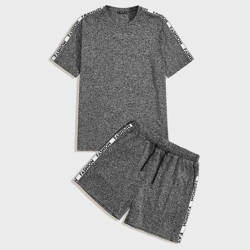 

Guys Letter Tape Side Marled Top & Shorts Set, Grey