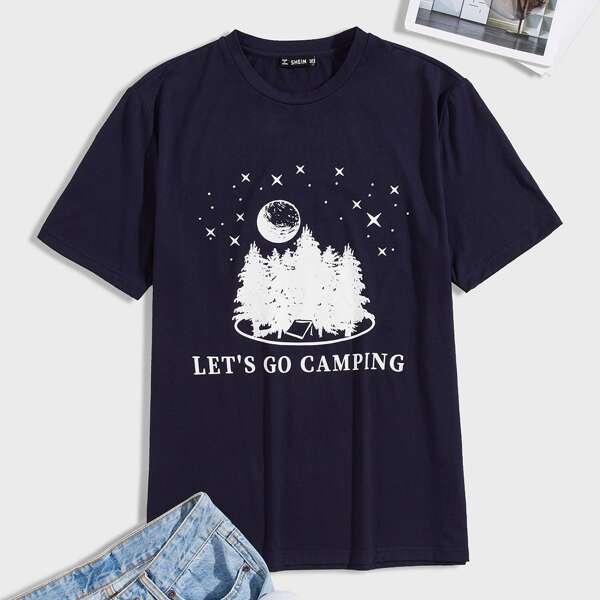 

Men Slogan and Galaxy Print Top, Navy blue