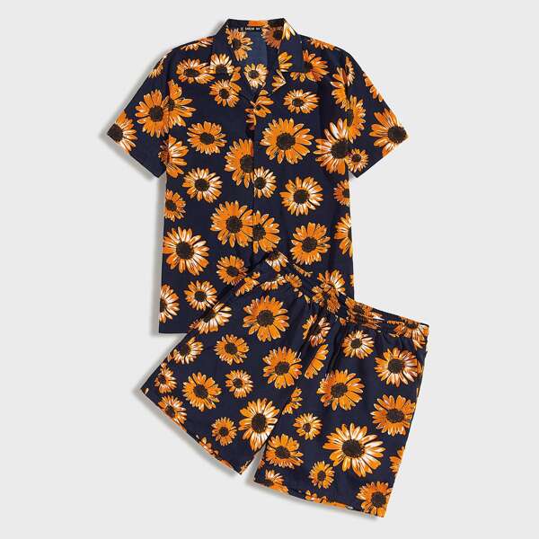 

Men Notched Collar Sunflower Print Shirt & Shorts Set, Navy blue