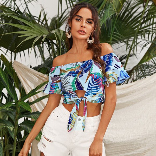

Off Shoulder Tie Hem Tropical Print Crop Top, Multicolor