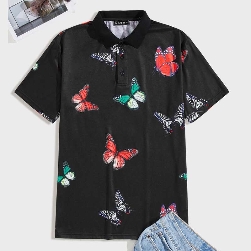

Guys Butterfly Print Polo Shirt, Black