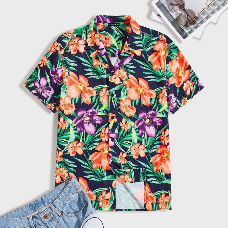 

Guys Notched Collar Tropical Print Shirt, Multicolor