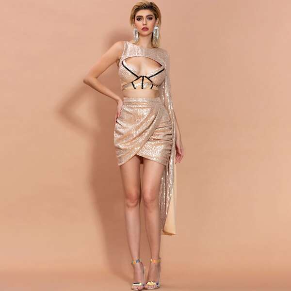 

Cut-out Extra Long Sleeve Sequin Top & Wrap Skirt Set, Pink