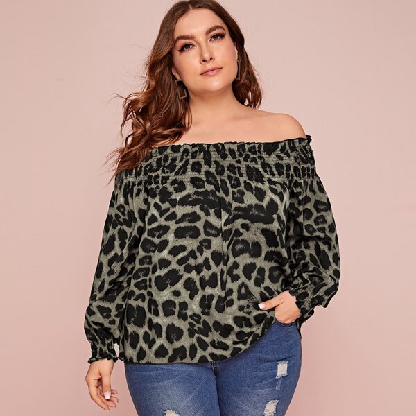 

Plus Bishop Sleeve Leopard Frill Bardot Blouse, Multicolor