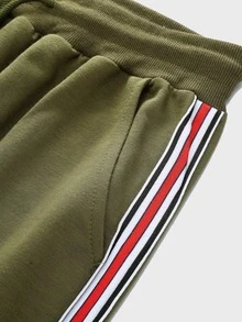 Manfinity 男士側條紋翻蓋口袋抽繩運動褲 - 軍綠色 - 查看 4
