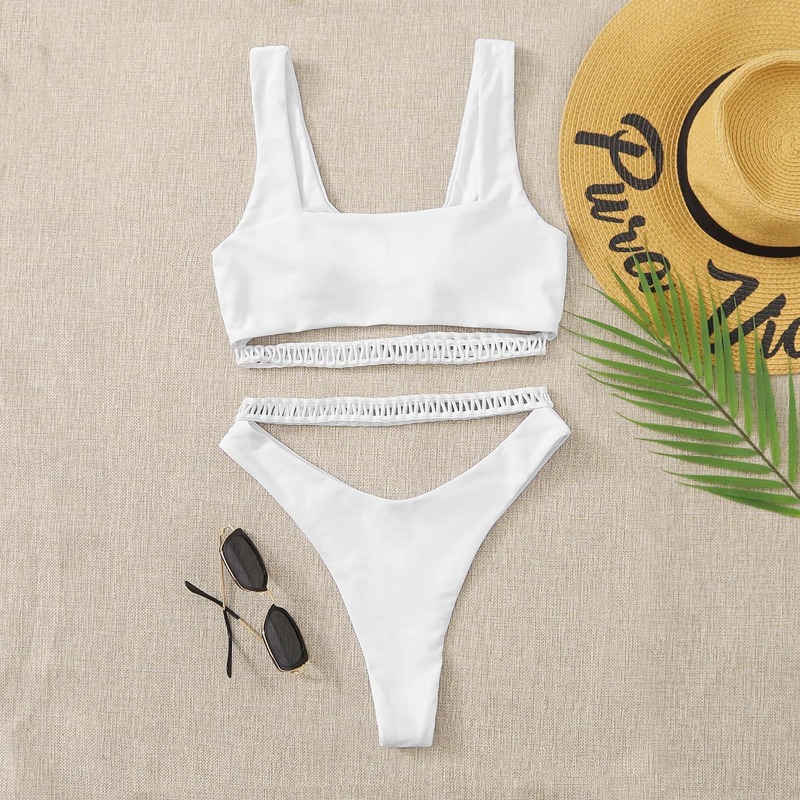 

Hollow Out Trim High Cut Bikini Swimsuit, White