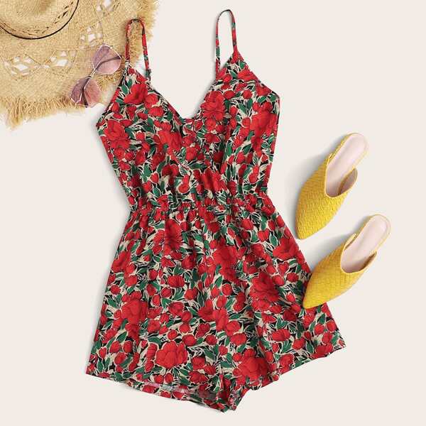 

Surplice Neck Floral Print Slip Romper, Multicolor
