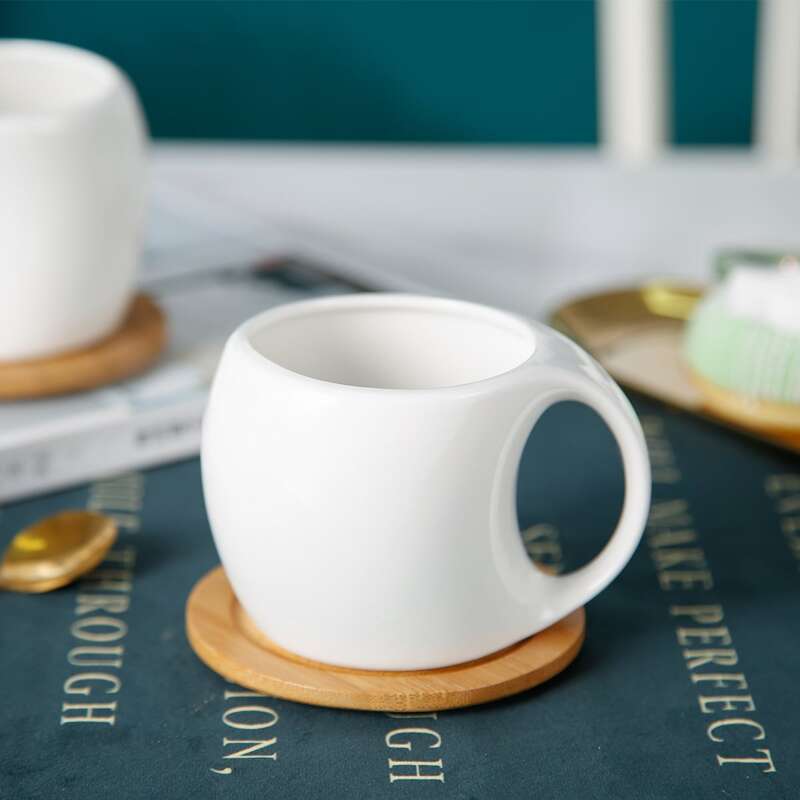 

1pc Ceramic Cup With Wooden Saucer, White