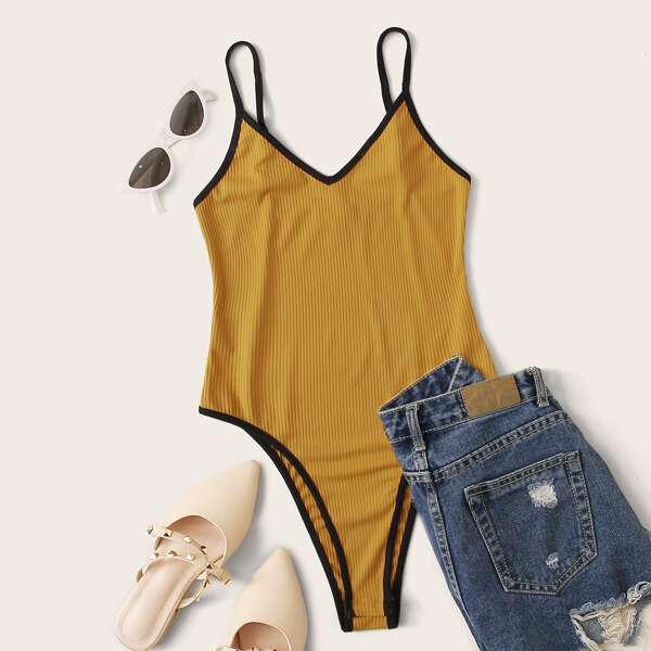 

Plus Rib-knit High Cut Ringer Cami Bodysuit, Yellow