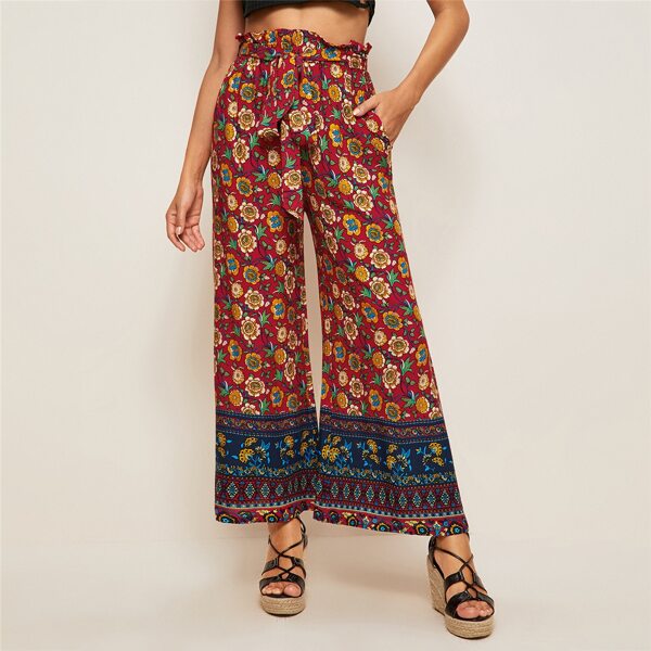 

Paperbag Waist Self Belted Wide Leg Tribal & Floral Pants, Multicolor