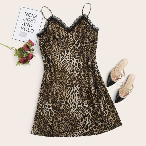

Plus Leopard Print Lace Trim Nightdress, Multicolor