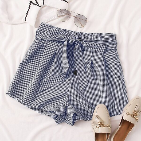 

Paperbag Waist Buffalo Plaid Belted Shorts, Blue