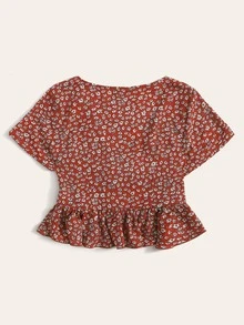 SHEIN Plus Ditsy Floral Print Tie Front Ruffle Hem Top - Red - View 2