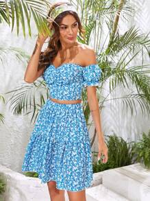 shirred ruffle hem bardot top