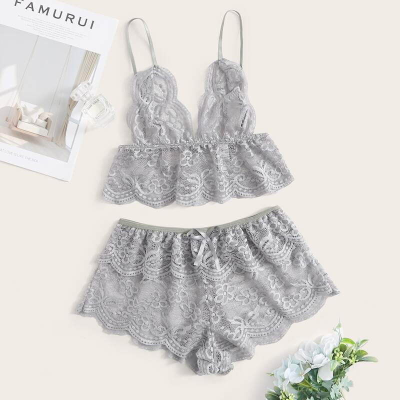 

Floral Lace Scallop Trim Lingerie Set, Grey