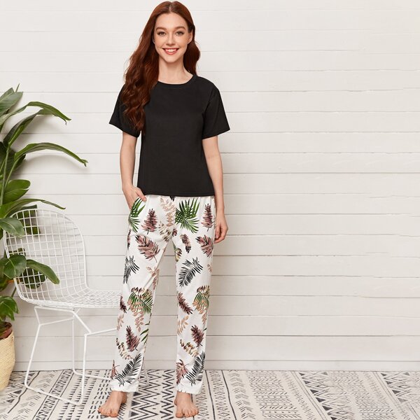 

Plants Print Short Sleeve Pajama Set, Multicolor