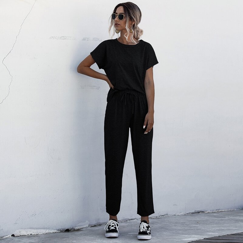 

Solid Batwing Sleeve Tee & Drawstring Sweatpants, Black