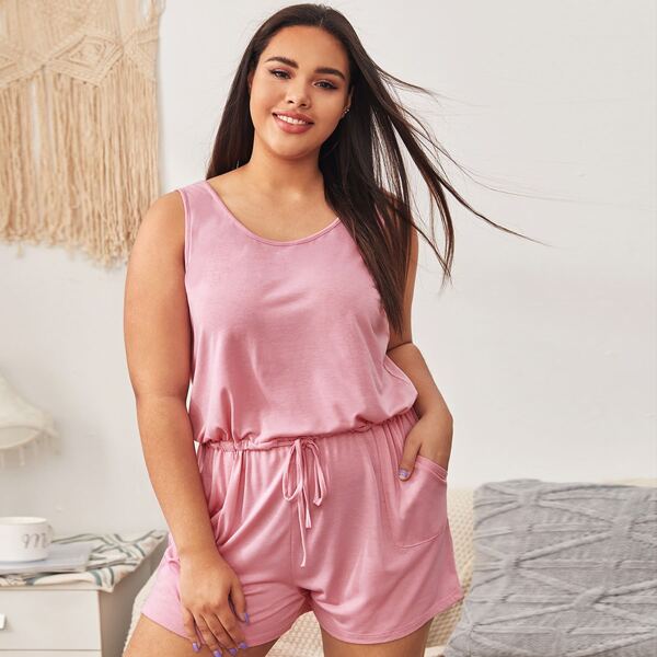 

Plus Double Pocket Drawstring Tank Romper, Pink