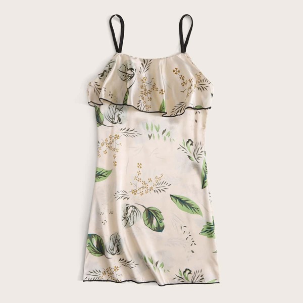 

Toddler Girls Ruffle Trim Plants Print Night Dress, Beige