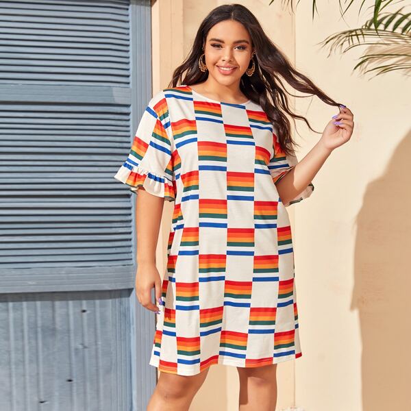 

Plus Allover Print Flounce Sleeve Night Dress, Multicolor