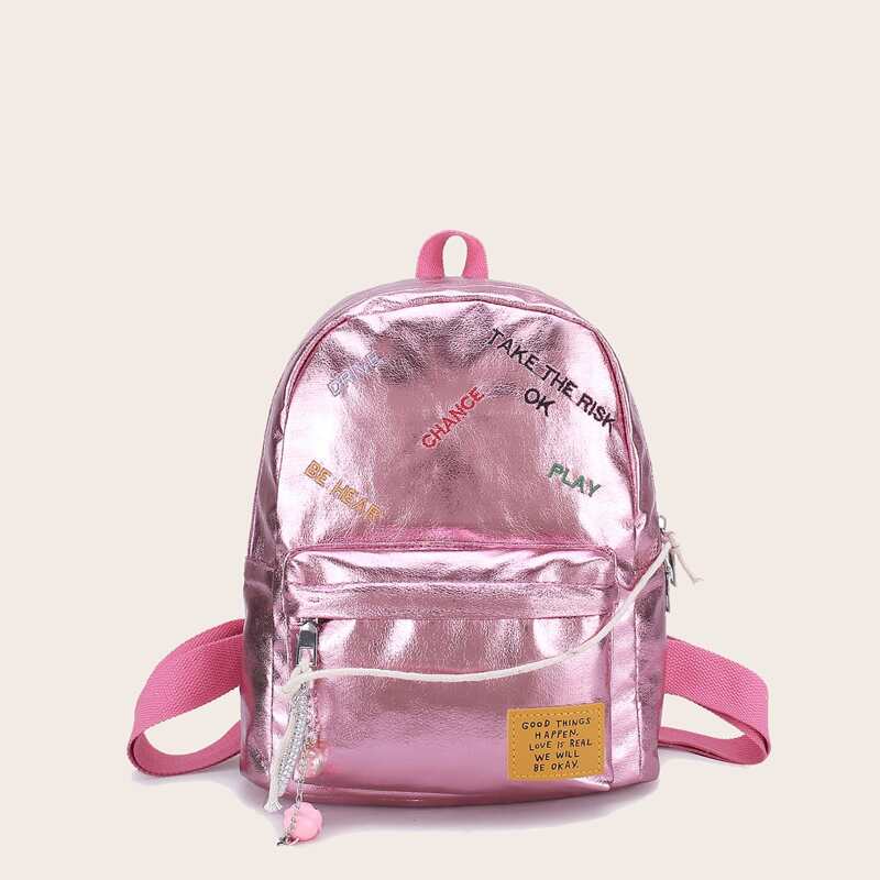

Letter Embroidered Pocket Front Backpack, Pink