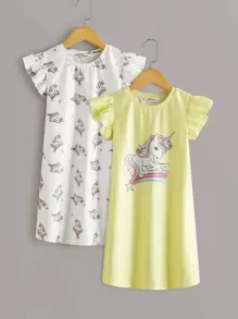 SHEIN 2入組女孩荷葉邊獨角獸圖案睡衣 - 彩色 - 查看 1