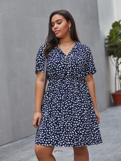 Plus Dalmatian Print Button Front Shirt Dress