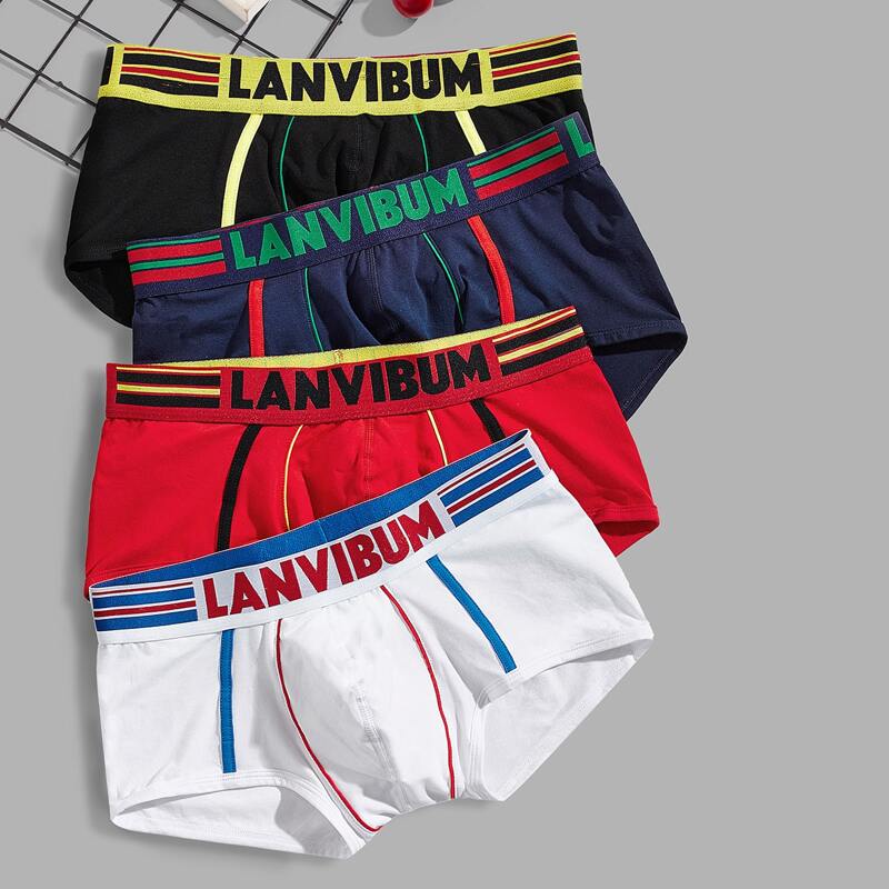 

4pcs Guys Letter Tape Waist Boxer Brief, Multicolor
