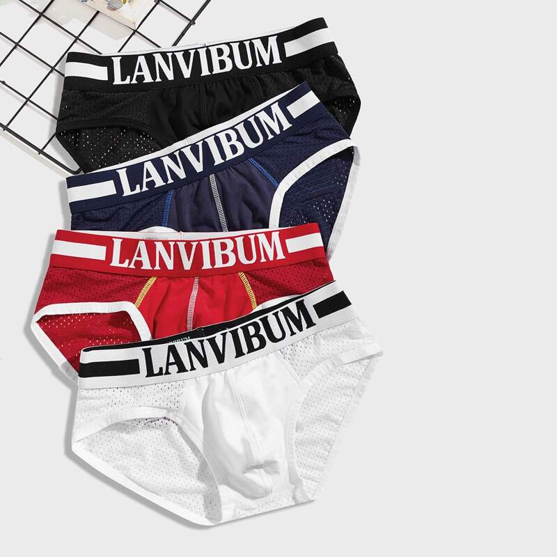 

4pcs Guys Letter Tape Waist Hollow Out Brief, Multicolor