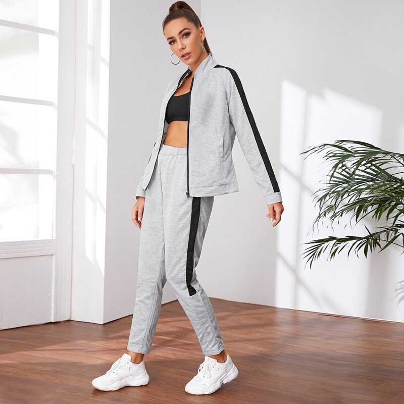 

Contrast Panel Zip Up Sports Jacket With Pants, Grey