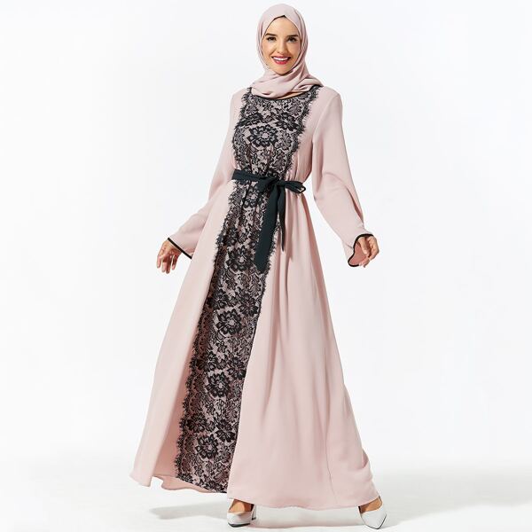 

Lace Panel Self Tie Maxi Dress Without Headscarf, Pink