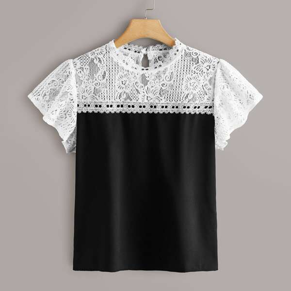 

Plus Lace Panel Stand Collar Blouse, Black and white