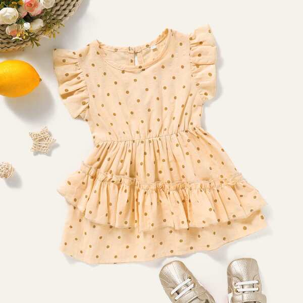 

Baby Girl Polka Dot Layered Ruffle Frill A-line Dress, Yellow pastel