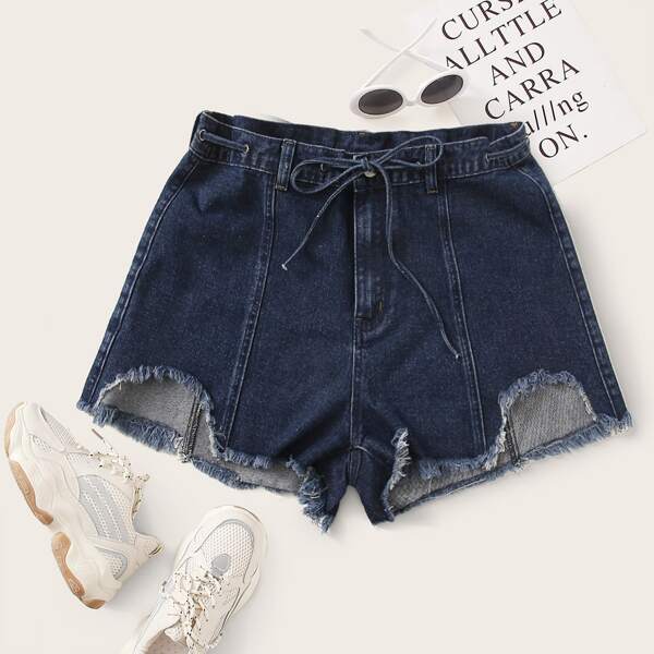 

Plus Raw Hem Drawstring Waist Denim Shorts, Navy blue