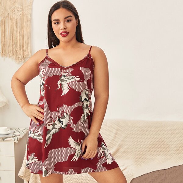 

Plus Crane Print Cami Night Dress, Burgundy