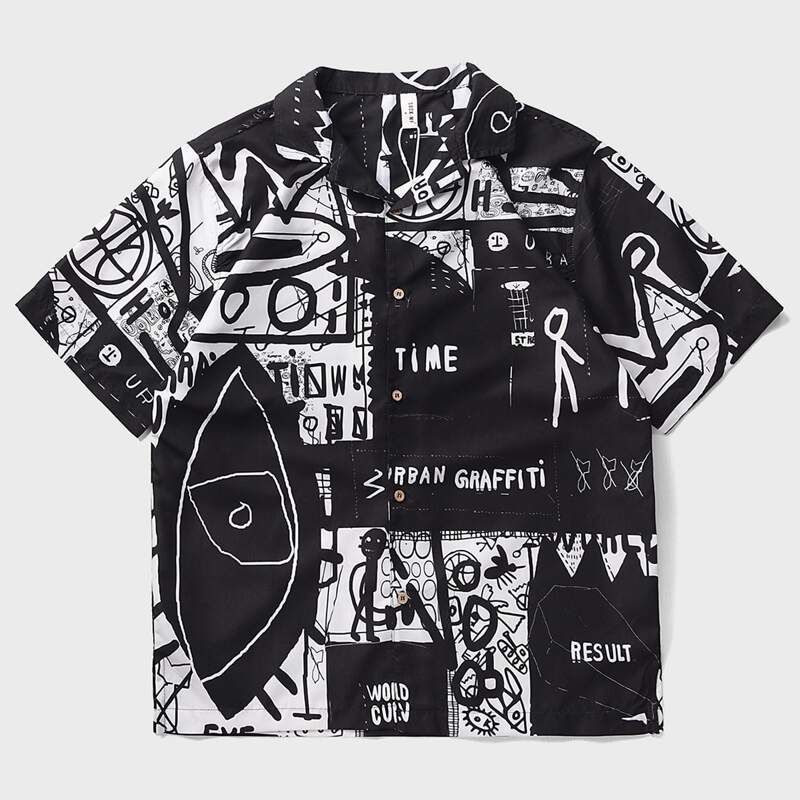 

Guys Graffiti Print Lapel Neck Shirt, Black and white