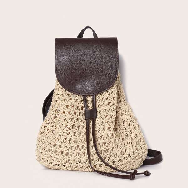 

Braided Drawstring Decor Flap Backpack, Khaki