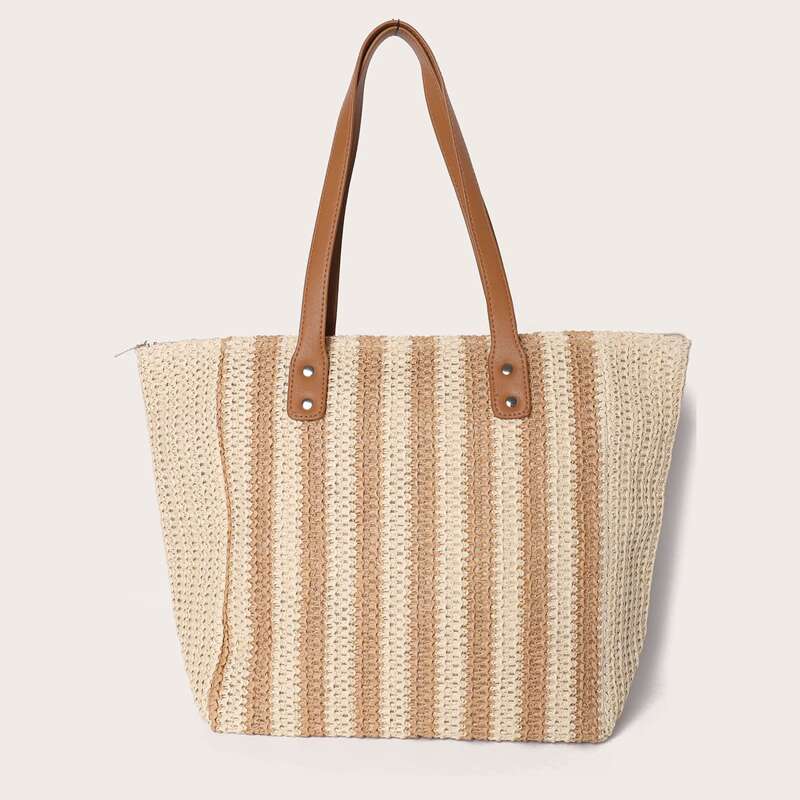 

Striped Braided Tote Bag, Khaki