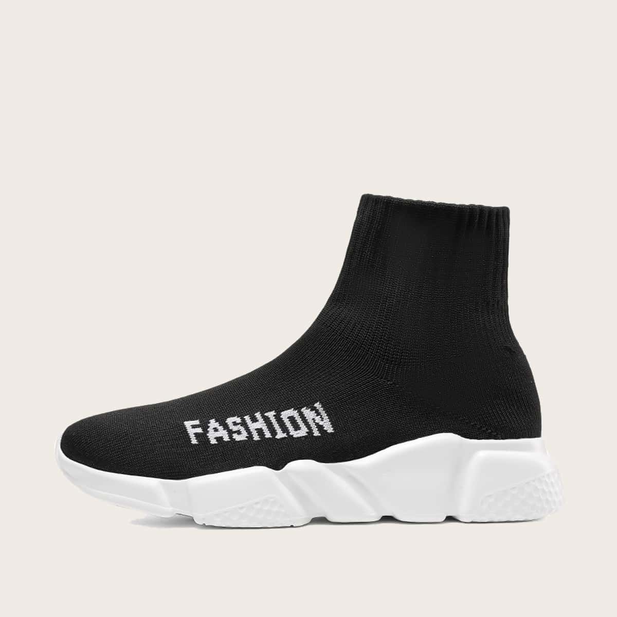 

Guys Letter Graphic High Top Knit Sneakers, Black and white