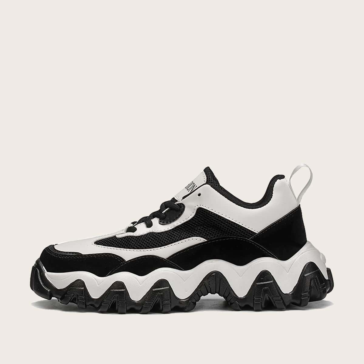 

Guys Mesh Panel Lace-up Front Chunky Sneakers, Black and white