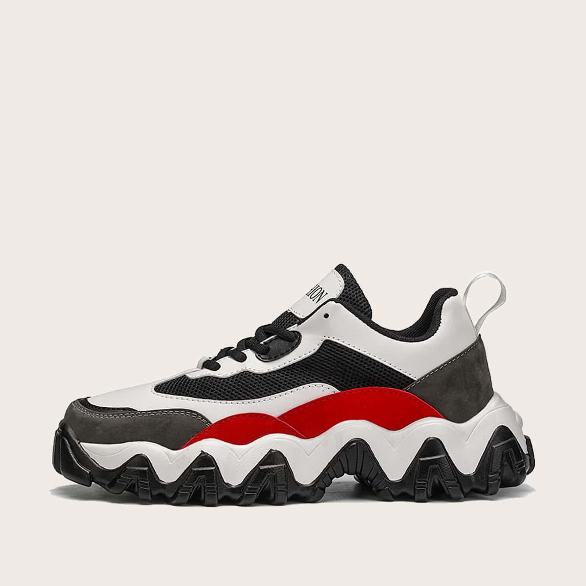 

Guys Mesh Panel Lace-up Front Chunky Sneakers, Black and white