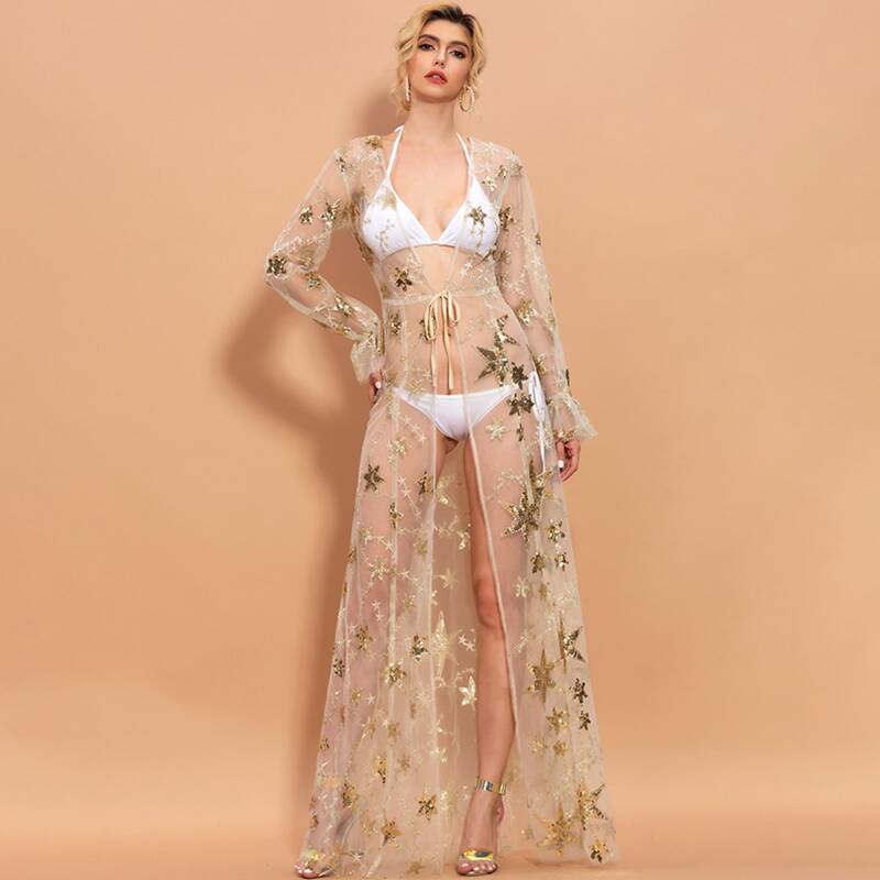 

Missord Tie Waist Sequin Star Mesh Kimono Without Bikini, Beige