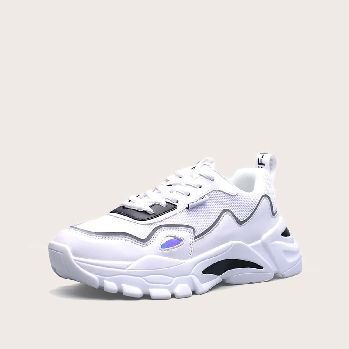 

Guys Mesh Panel Lace-up Front Chunky Sneakers, Black and white