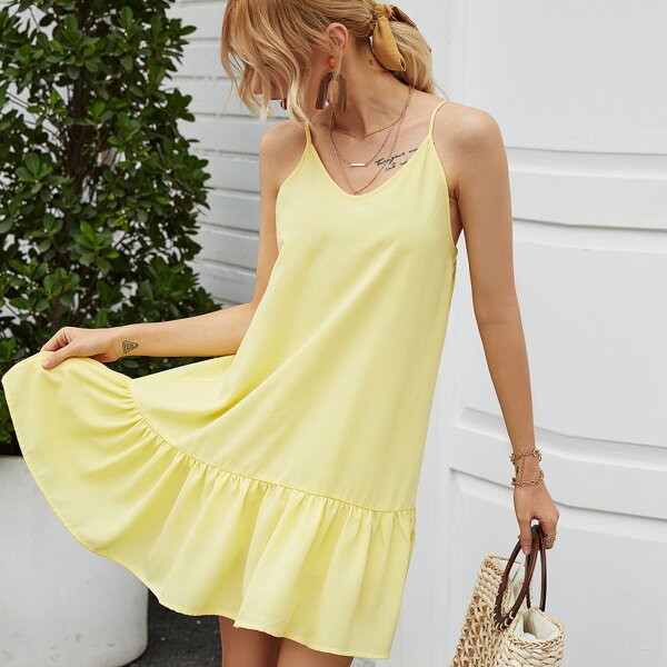 

Solid Ruffle Hem Cami Dress, Yellow pastel